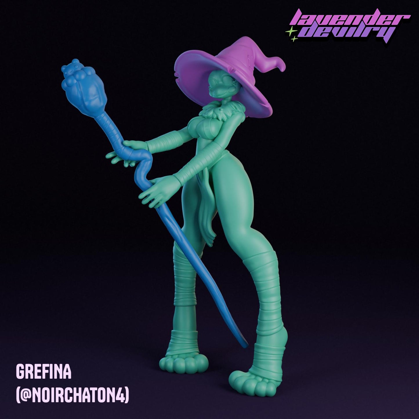 Frog Witch Grefina Miniature - 28mm / 32mm / 36mm / 75mm - Lavender Devilry - Resin Printed Figure for D&D, TTRPGs and Board Games