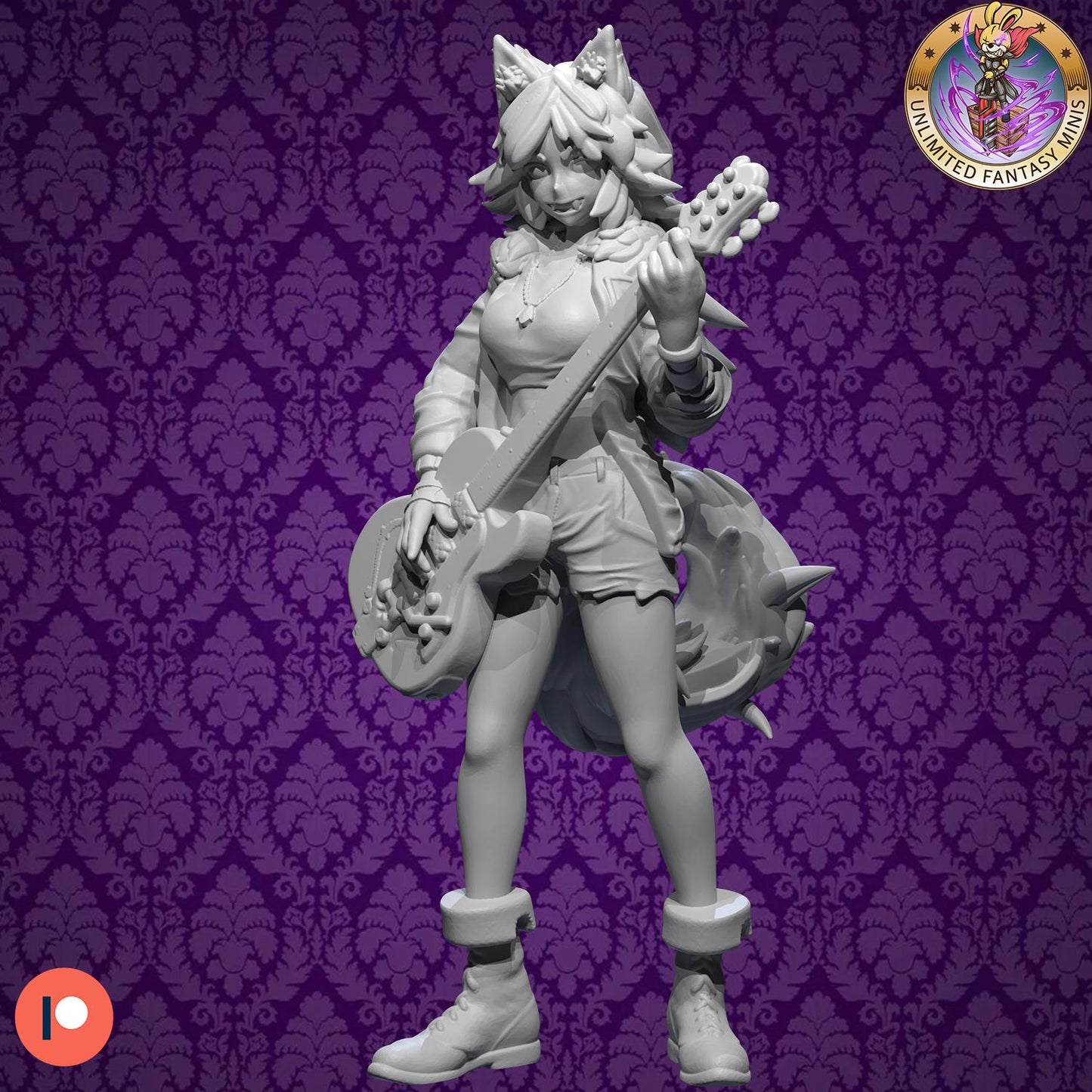 Rocker Wolf Girl Miniature - 28mm / 32mm / 36mm - Unlimited Fantasy Minis - Resin Printed Figure for D&D, TTRPGs, and Board Games