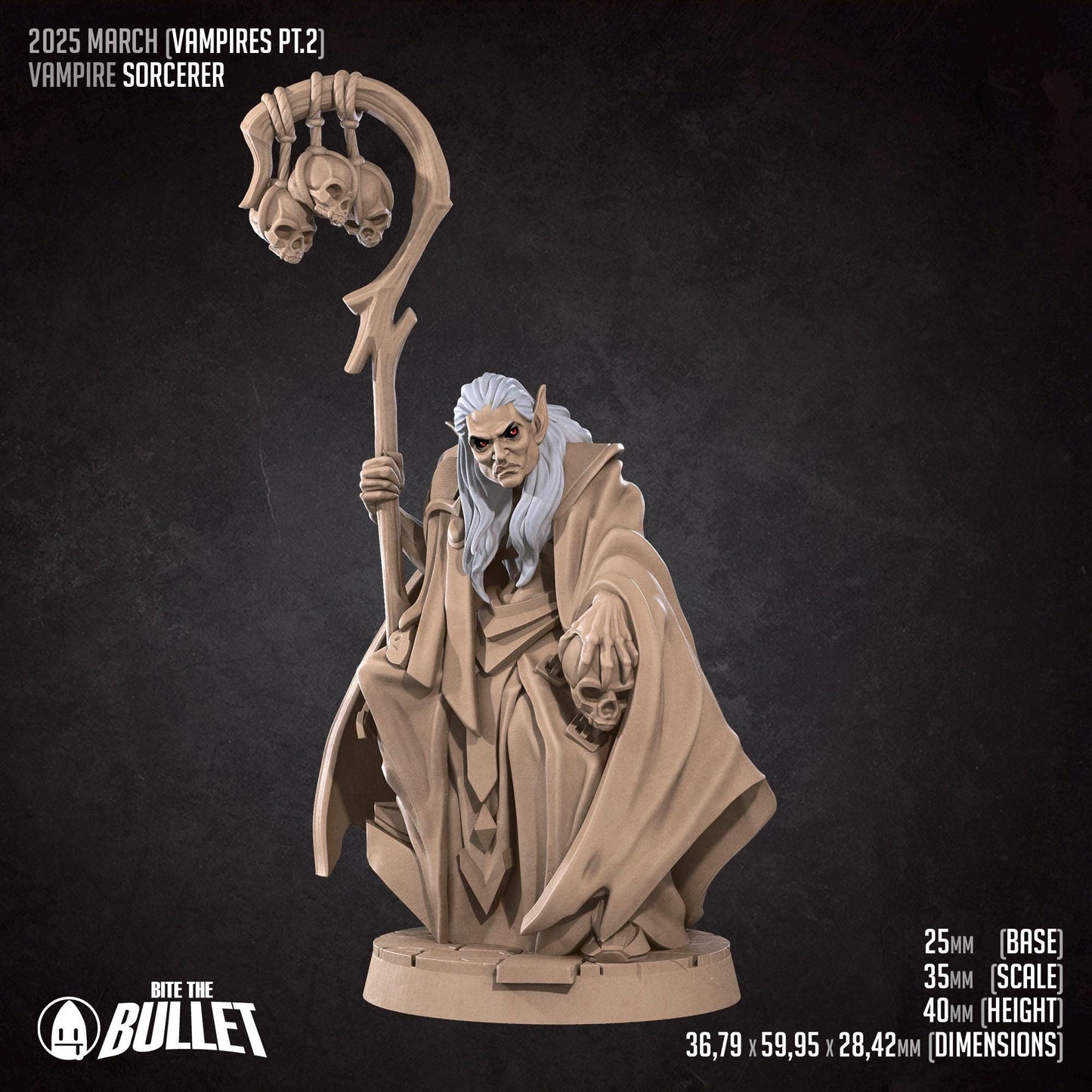 Vampire Sorcerer Miniature - 28mm / 32mm / 36mm - Bite the Bullet - Resin Printed Figure for D&D, TTRPGs, and Board Games