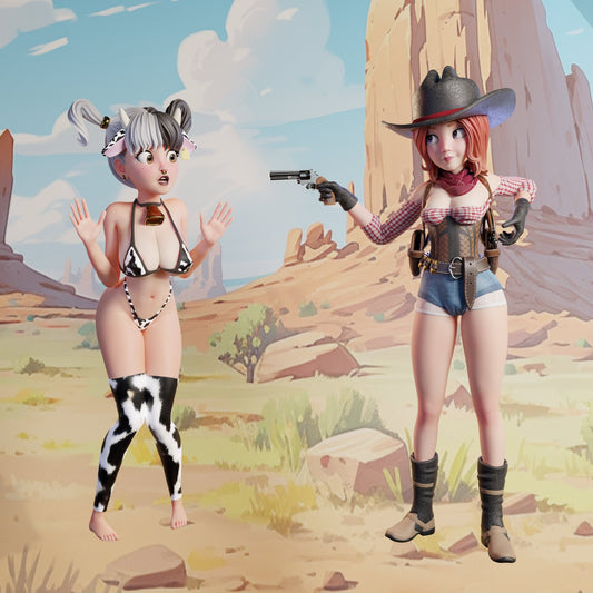 Cowgirl and Cow Girl Miniatures (Standard & NSFW Variations) - QB Works - 28mm / 32mm / 36mm / 75mm