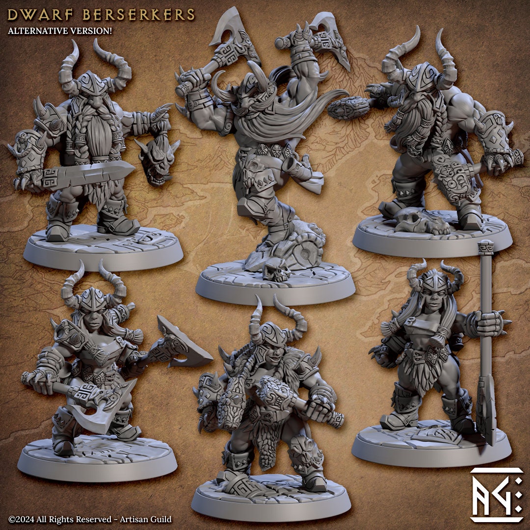 Dwarven Berserkers Miniatures (6 Standard & 6 Alternate Variations) - Artisan Guild - 28mm / 32mm / 36mm