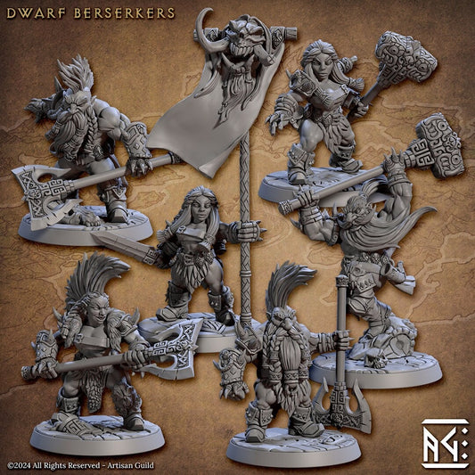 Dwarven Berserkers Miniatures (6 Standard & 6 Alternate Variations) - Artisan Guild - 28mm / 32mm / 36mm