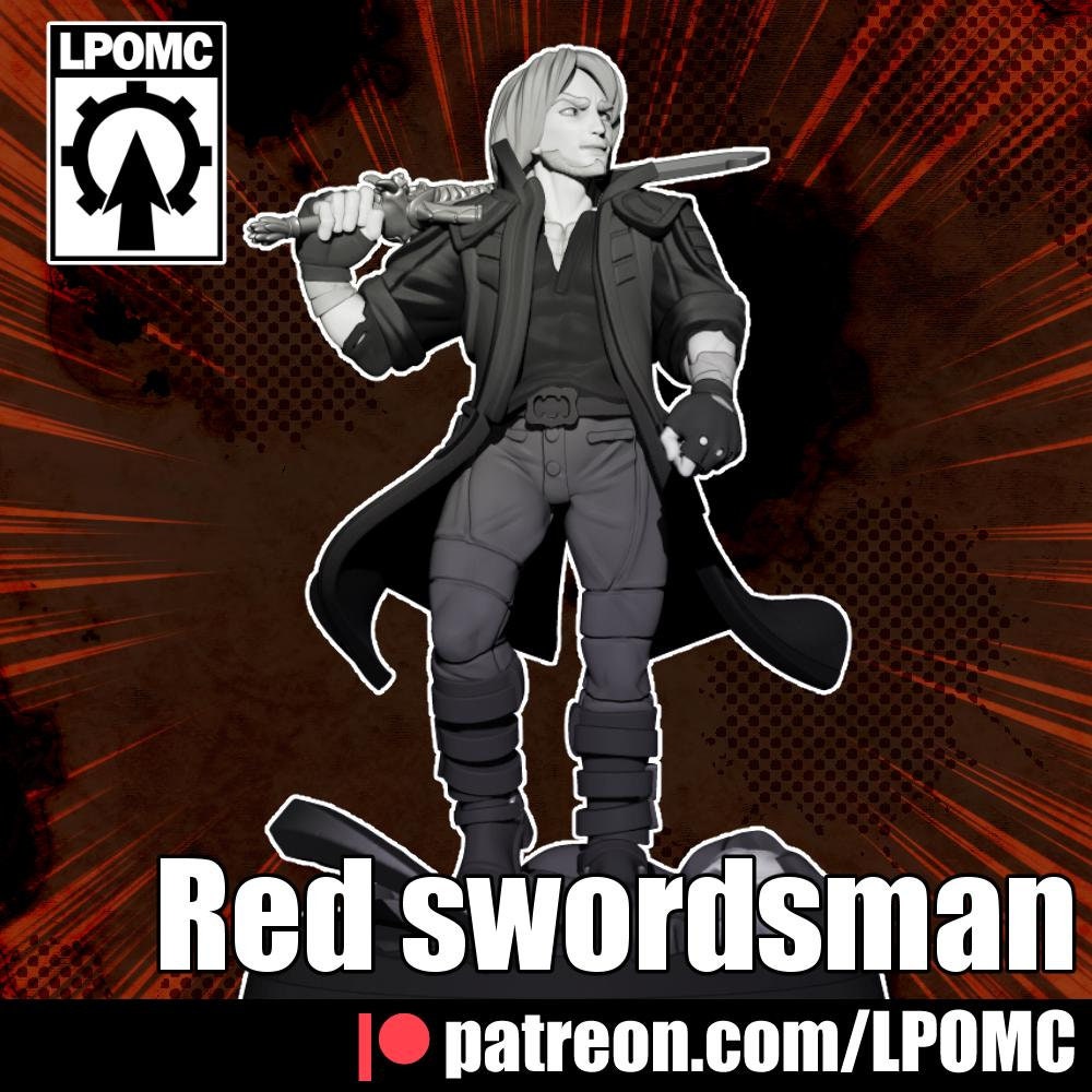 Red Swordsman Miniature - LPOMC - 28mm / 32mm / 36mm / 75mm