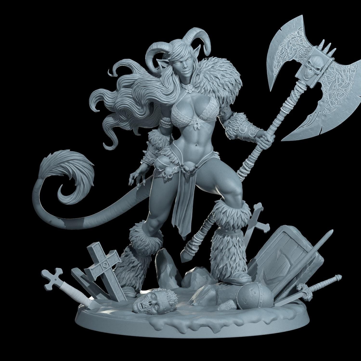 Tiefling Barbarian Nyx Emberhorn Miniature (Standard & NSFW Variations) - Cosmondo - 28mm / 32mm / 36mm / 75mm / 120mm