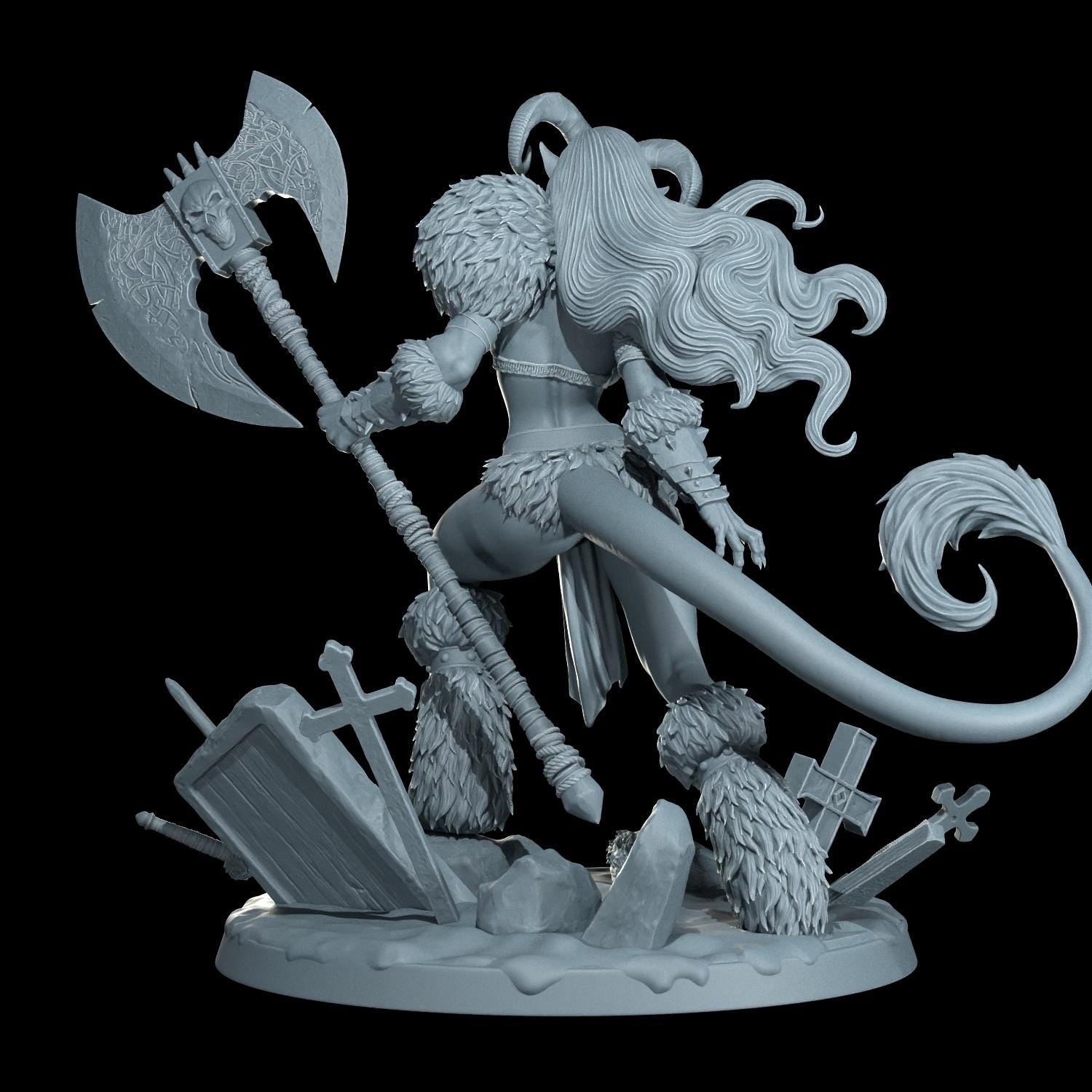 Tiefling Barbarian Nyx Emberhorn Miniature (Standard & NSFW Variations) - Cosmondo - 28mm / 32mm / 36mm / 75mm / 120mm