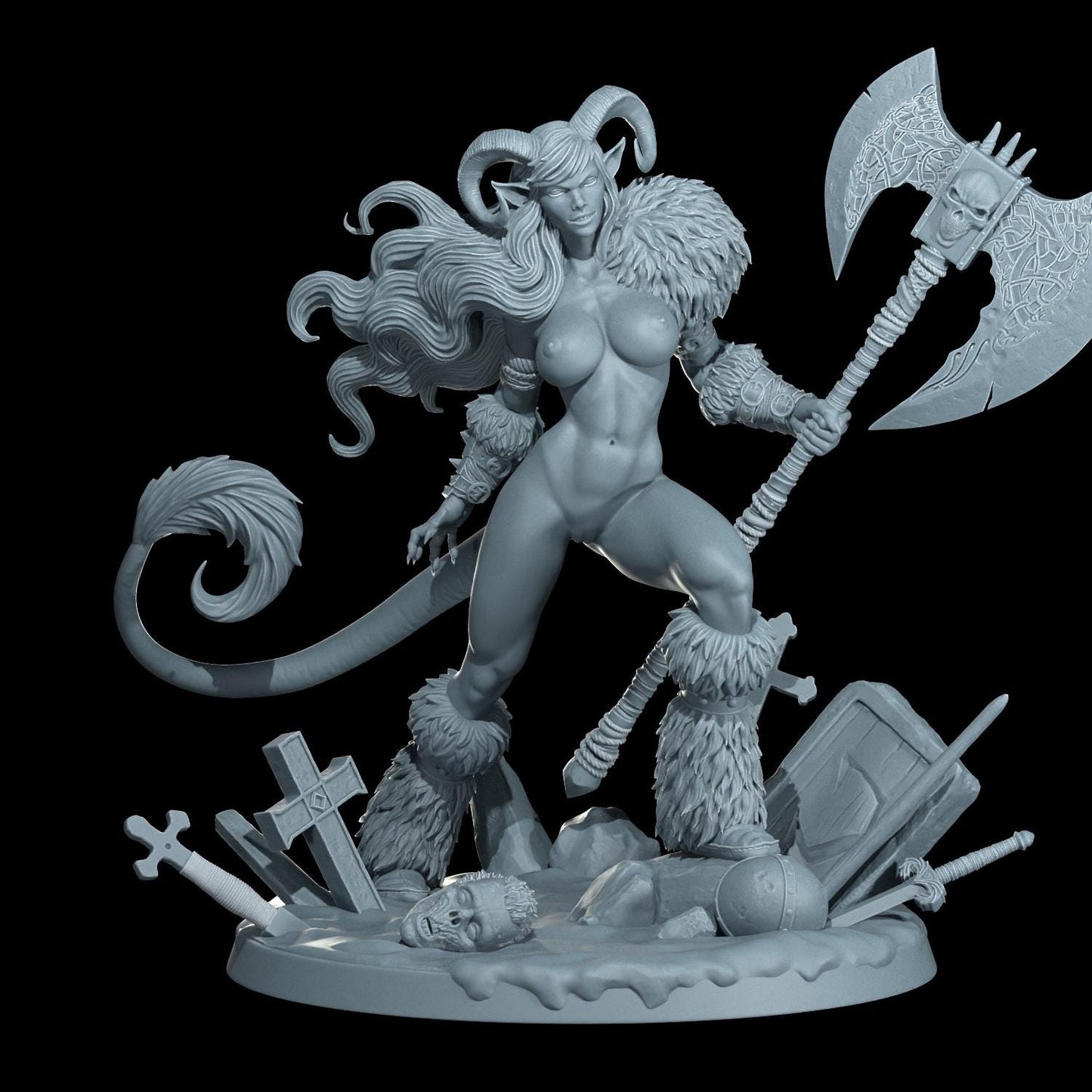 Tiefling Barbarian Nyx Emberhorn Miniature (Standard & NSFW Variations) - Cosmondo - 28mm / 32mm / 36mm / 75mm / 120mm