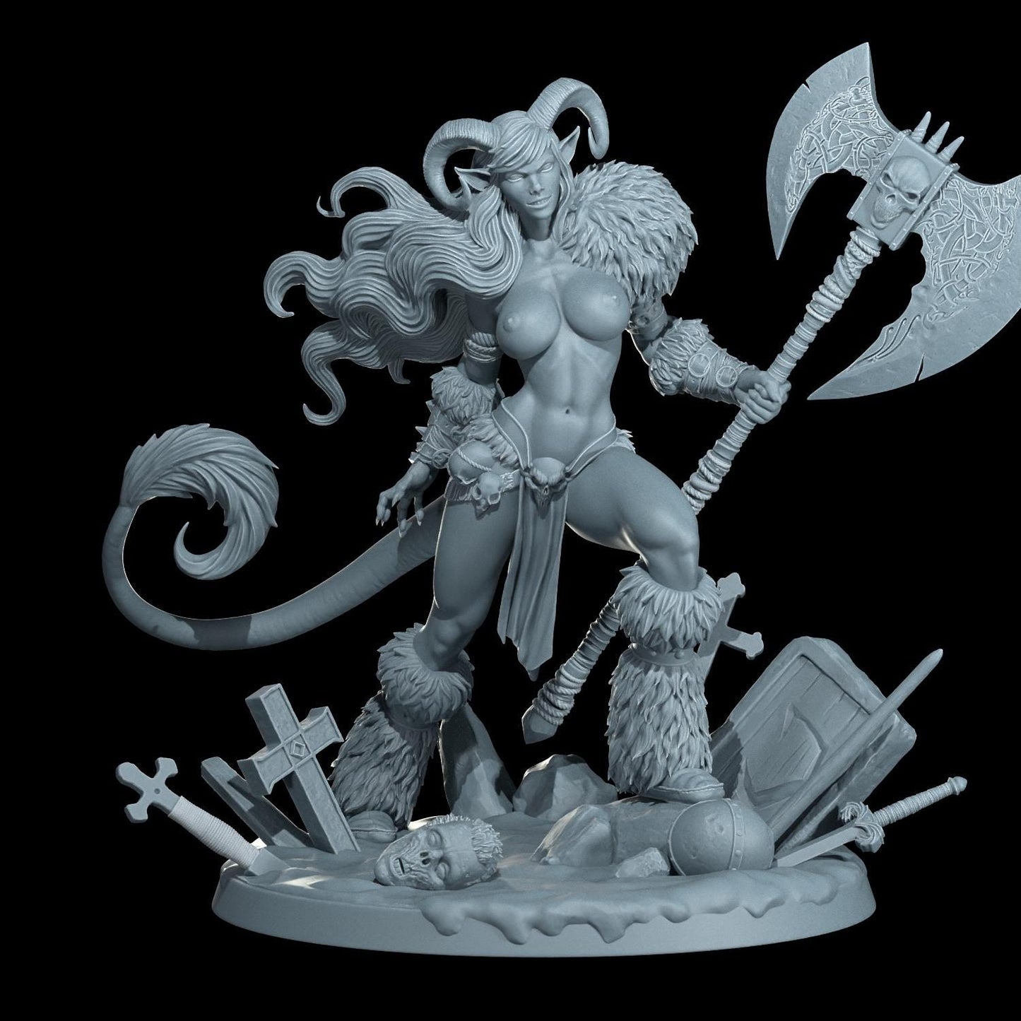 Tiefling Barbarian Nyx Emberhorn Miniature (Standard & NSFW Variations) - Cosmondo - 28mm / 32mm / 36mm / 75mm / 120mm