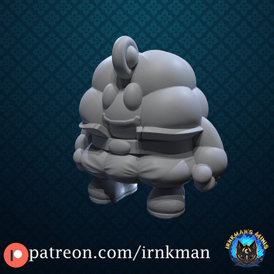 May include: A 3D printed gray figurine of a cartoon character with a large head, small body, and a single, curled horn on top of its head. The character is wearing a belt and has a large, happy smile.