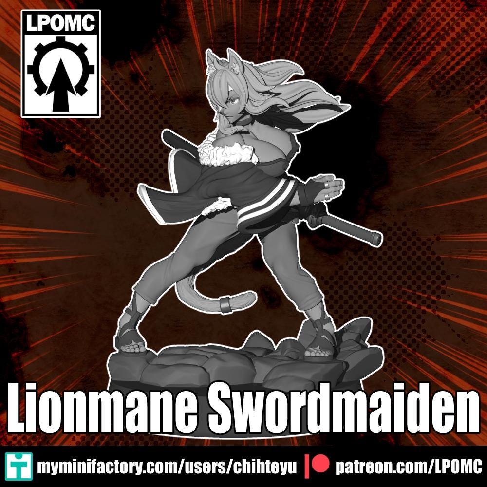 Lionmane Swordmaiden Miniature - 28mm / 32mm / 36mm / 75mm - LPOMC - Resin Printed Figure for D&D, TTRPGs, and Board Games