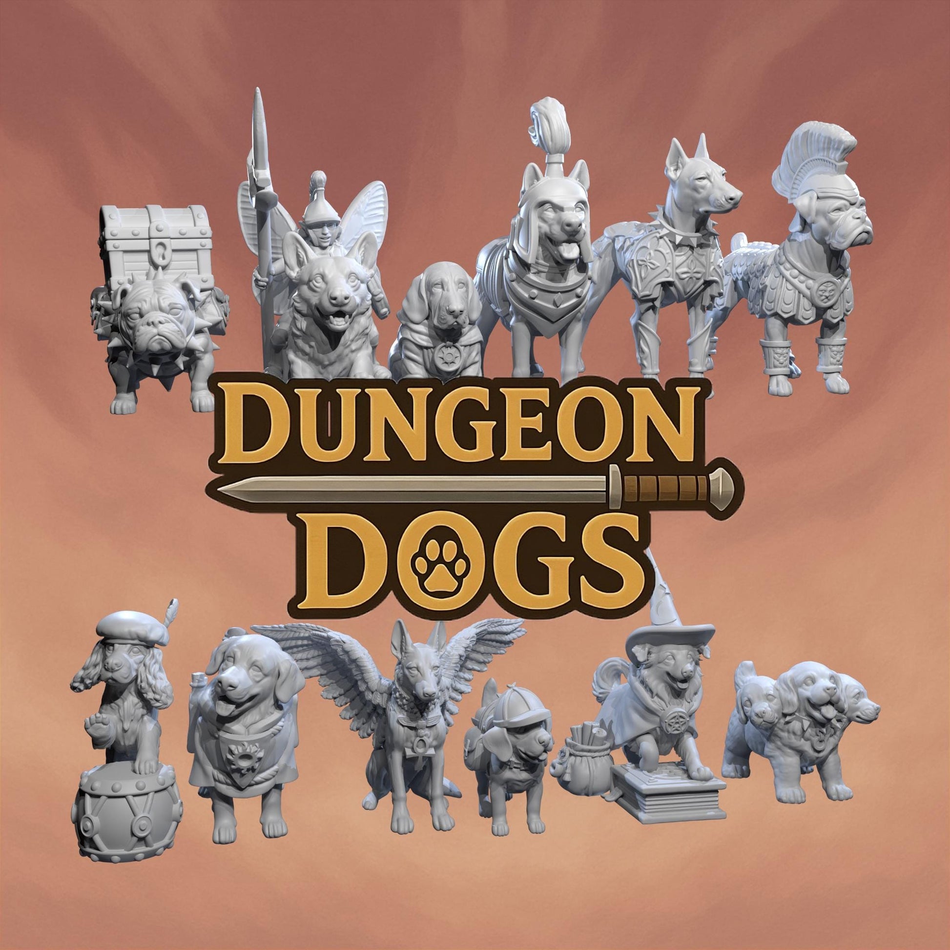 Dungeon Dogs Miniatures (12 Variations) - 28mm / 32mm / 36mm - Medusa Miniatures - Resin Printed Figure for D&D, TTRPGs, and Board Games
