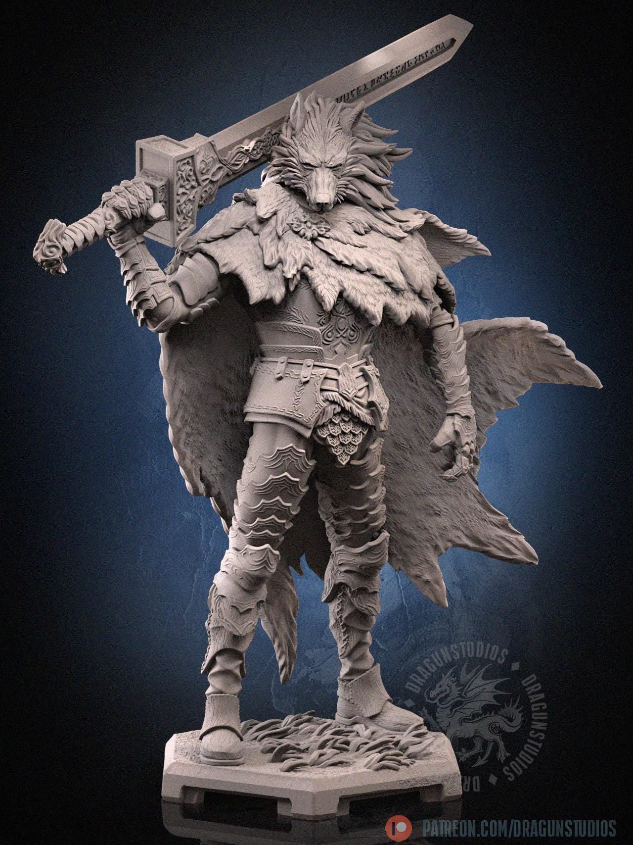 Blaidd Half-wolf Miniature - 65mm / 116mm - DraGun Studios - Resin Printed Figurine for D&D, TTRPGs, and Board Games