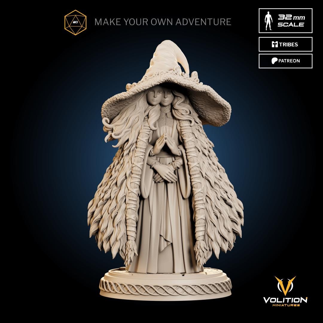 Dark Moon Witch Miniature - 28mm / 32mm / 36mm / 75mm - Volition Miniatures - Resin Printed Figurine for D&D, Board Games, and Painting
