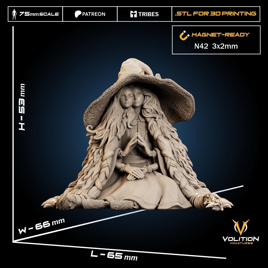 Dark Moon Witch Miniature - 28mm / 32mm / 36mm / 75mm - Volition Miniatures - Resin Printed Figurine for D&D, Board Games, and Painting