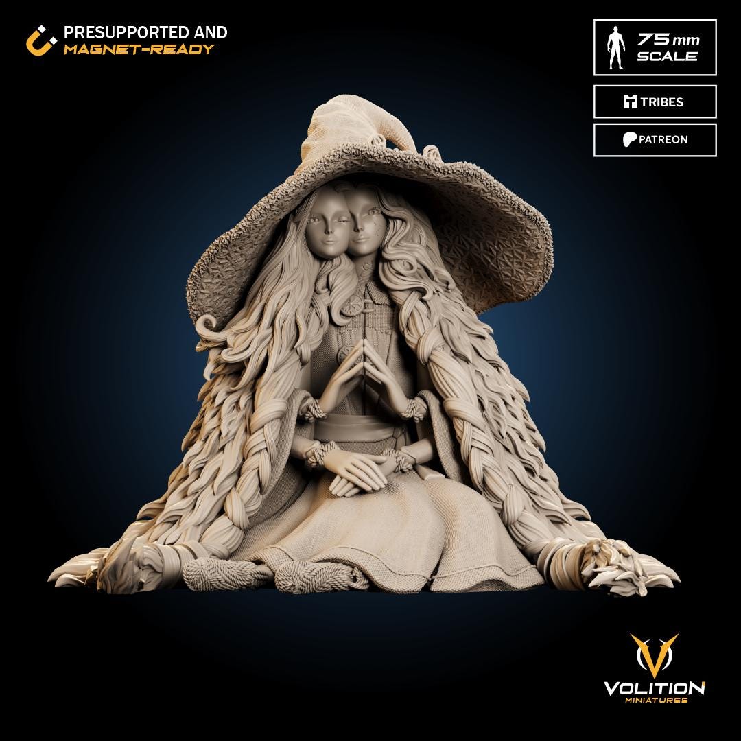 Dark Moon Witch Miniature - 28mm / 32mm / 36mm / 75mm - Volition Miniatures - Resin Printed Figurine for D&D, Board Games, and Painting