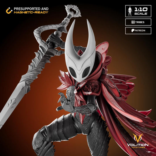 May include: A detailed figurine of a character with a white mask and a red cloak, holding a large sword. The figure is in a dynamic pose, with the text "PRESUPPORTED AND MAGNETC-READY" visible. The scale is 1:10.