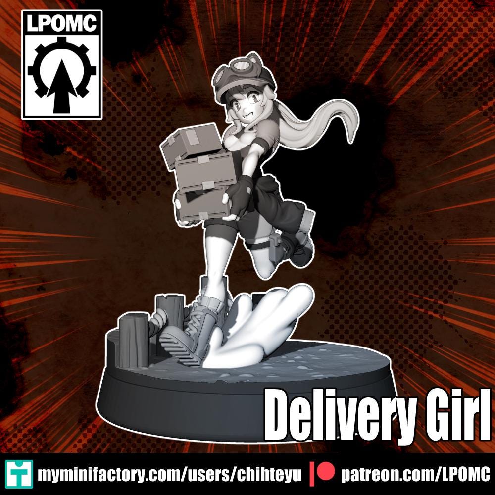 Delivery Girl Miniature - 28mm / 32mm / 36mm / 75mm - LPOMC - Unpainted Resin Printed Figure for D&D, TTRPGs, and Board Games