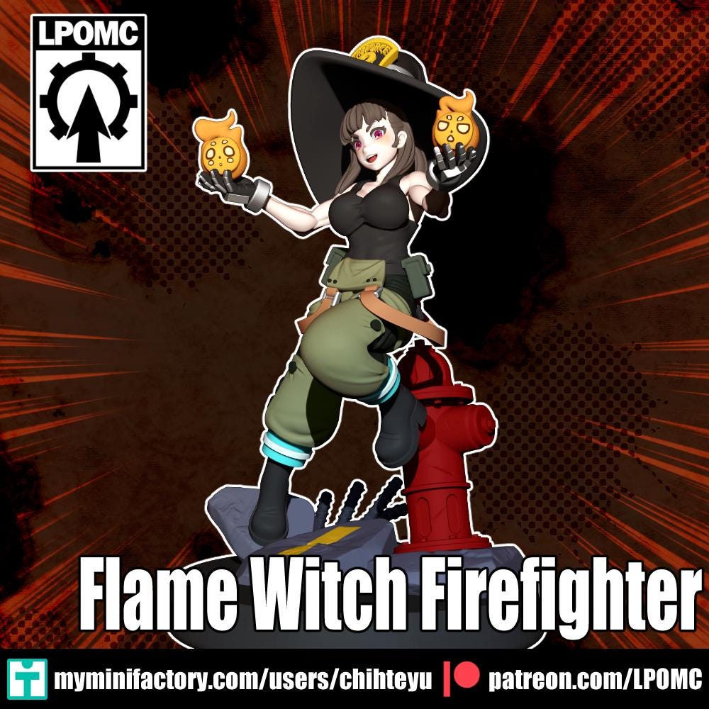 Flame Witch Firefighter Miniature - 28mm / 32mm / 36mm - LPOMC - Unpainted Resin Printed Figure for D&D, TTRPGs, and Board Games