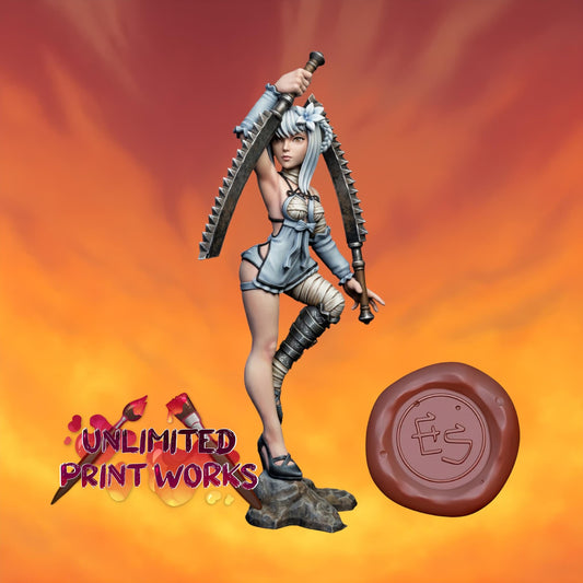 Twin Blades Miniature - 28mm / 32mm / 36mm / 75mm - Ethan Savage Studios - Unpainted Resin Printed Figure for D&D, TTRPGs, and Board Games