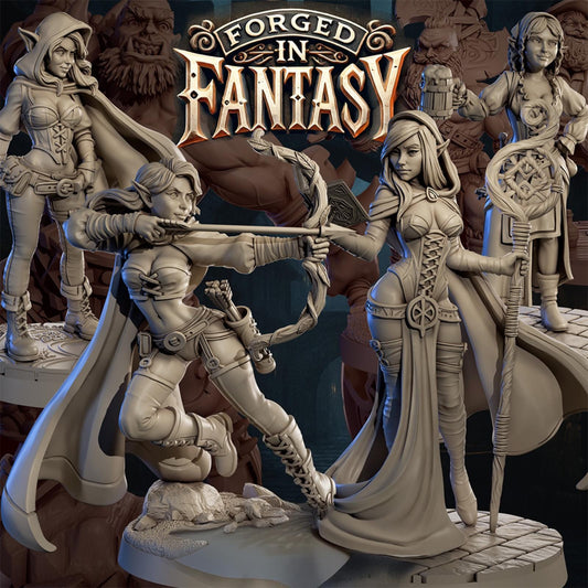 May include: A collection of fantasy figurines, including an archer, a robed figure with a staff, and a hooded character. The figurines are in a neutral color palette, with the "Forged in Fantasy" logo in the background.