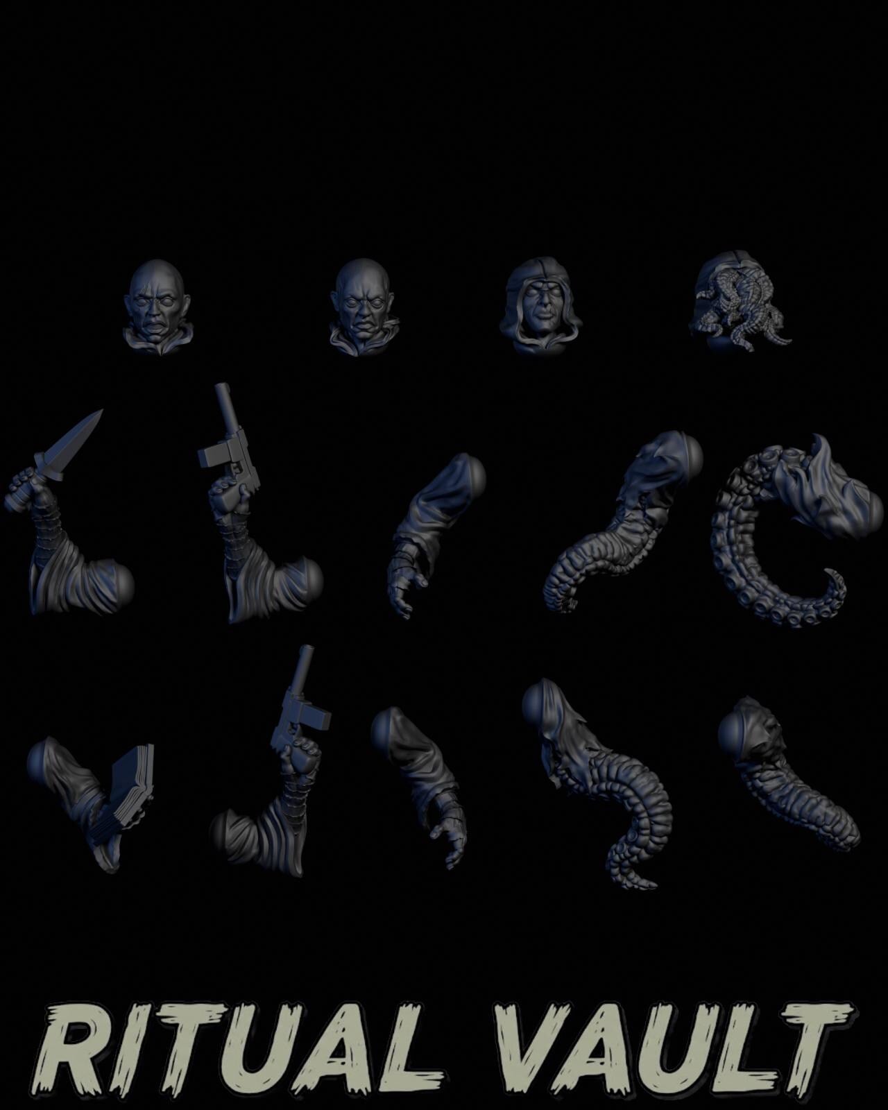 Cultist Assembly Kit Vol. 1 - 28mm / 32mm / 36mm - Adaevy Creations - Resin Printed Figures and Bits for TTRPGs, Painting, and Kitbashing
