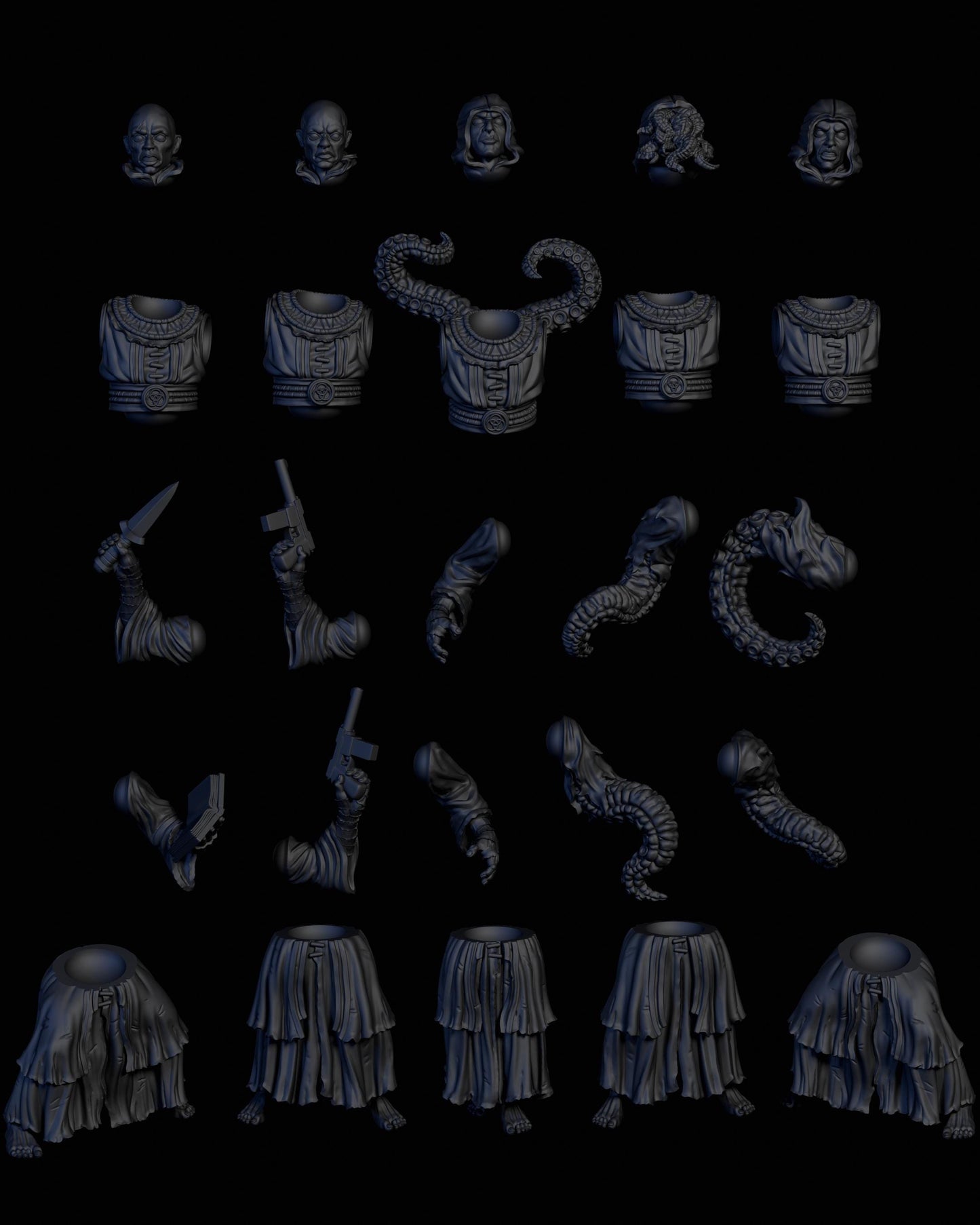 Cultist Assembly Kit Vol. 1 - 28mm / 32mm / 36mm - Adaevy Creations - Resin Printed Figures and Bits for TTRPGs, Painting, and Kitbashing