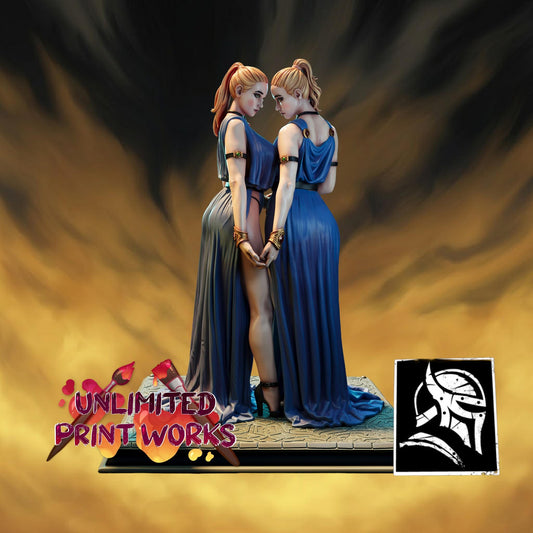 Gemini Twins Miniature (w/NSFW Variation) - 28mm / 32mm / 36mm / 75mm - HardWitch Games - Resin Printed Figure for TTRPGs