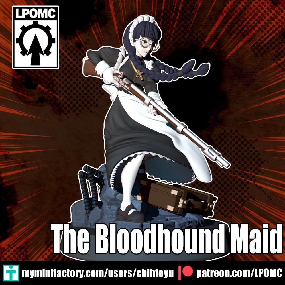 Bloodhound Maid Miniature - 28mm / 32mm / 36mm / 75mm - LPOMC - Unpainted Resin Printed Figure for D&D, TTRPGs, and Board Games