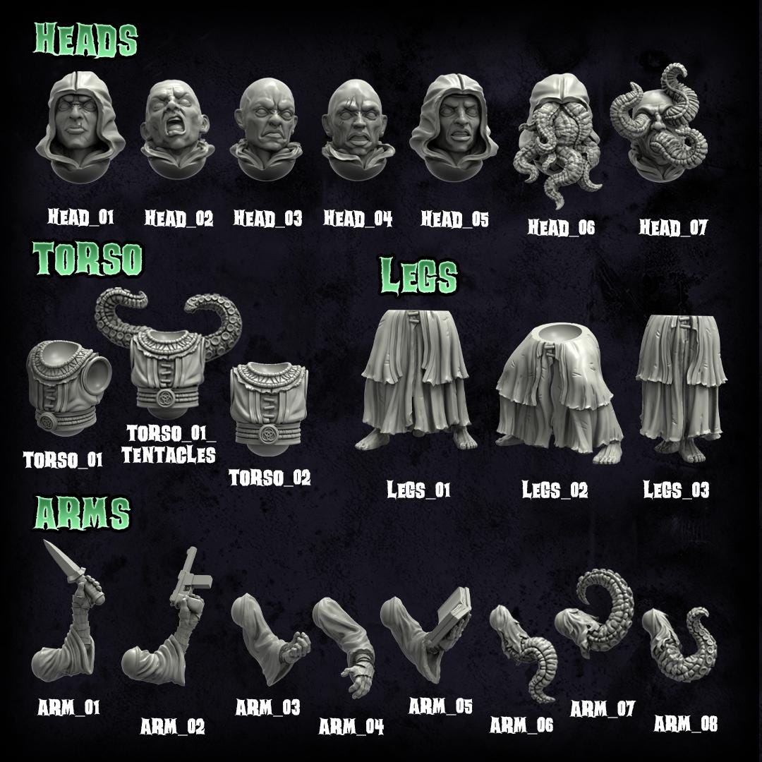 Cultist Assembly Kit Vol. 1 - 28mm / 32mm / 36mm - Adaevy Creations - Resin Printed Figures and Bits for TTRPGs, Painting, and Kitbashing