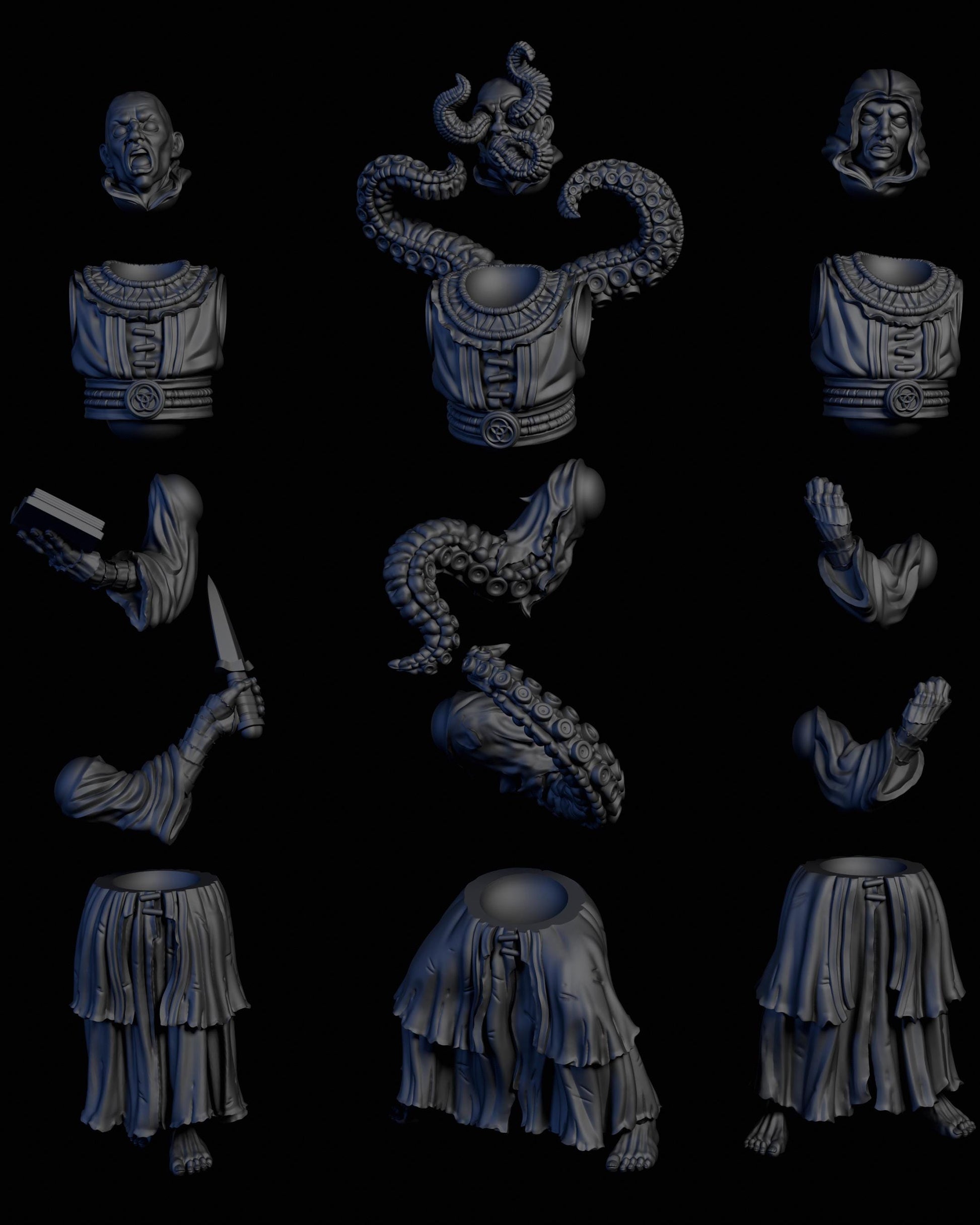 Cultist Assembly Kit Vol. 1 - 28mm / 32mm / 36mm - Adaevy Creations - Resin Printed Figures and Bits for TTRPGs, Painting, and Kitbashing