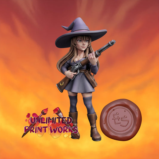 Gun Witch Bianca Miniature - 28mm / 32mm / 36mm - Ethan Savage Studios - Unpainted Resin Printed Figure for D&D, TTRPGs, and Board Games