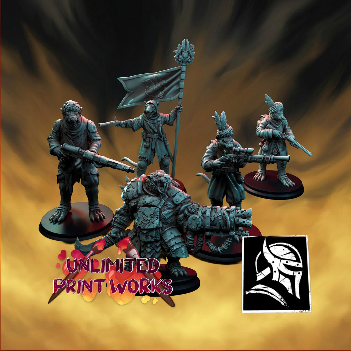 Brazen Rat Ratzeb Squad Miniature (2 Versions) - 28mm / 32mm / 36mm / 75mm - HardWitch Games - Resin Printed Figure for TTRPGs and Wargames